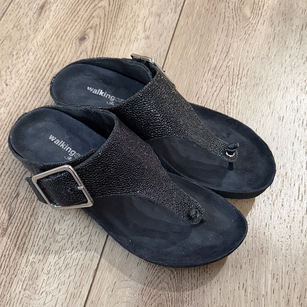 Walking Cradles Black Textured Toe-Post Sandal with Buckle